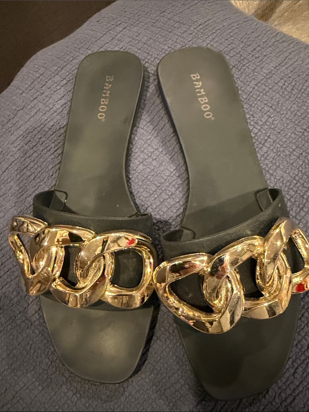 BAMBOO Black Slide Mules with Chunky Gold Chain